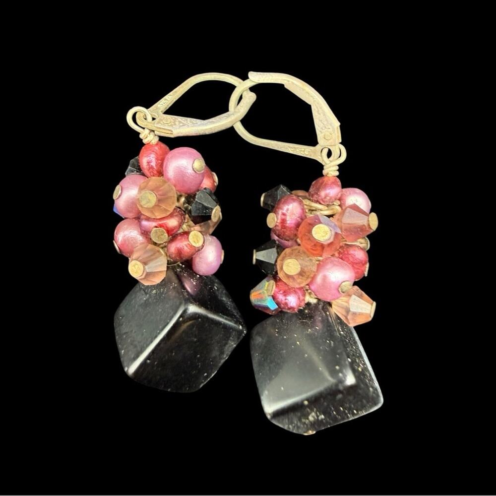Vintage Handcrafted Pink Cluster & Black Drop Earrings
